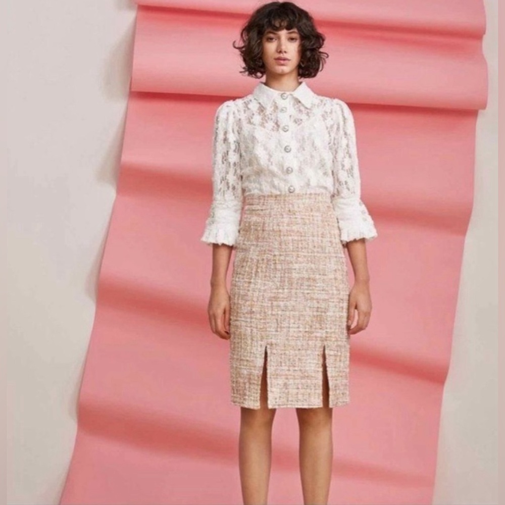 NWOT Foxiedox for ANTHROPOLOGIE Quincy Metallic Tweed Knee Length Skirt Size M